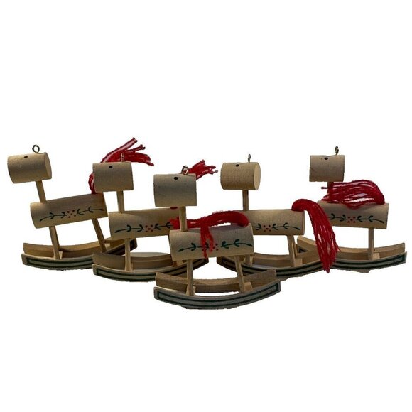 Vintage American Greetings 1985 Wood Rocking Horse Tree Ornaments Set of 5 - Picture 1 of 7